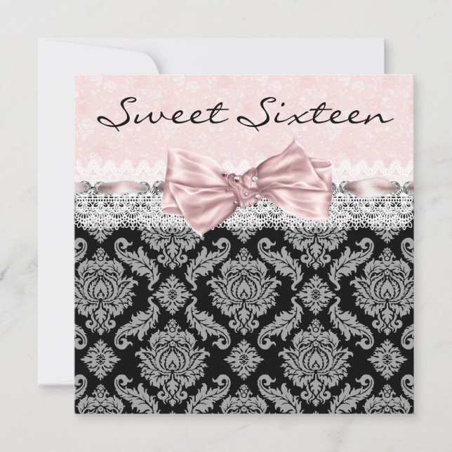 Invitation Sweet sixteen rose noir Damas fête d'anniversaire (Devant)