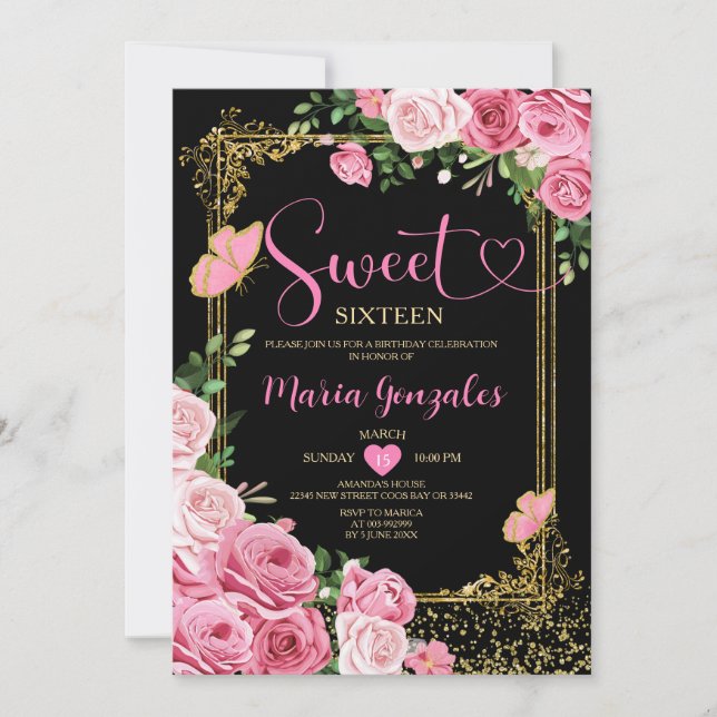 Invitation Sweet sixteen rose noir Or 16ème fille Anniversair (Devant)