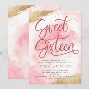 Invitation Sweet sixteen rose Parties scintillant d'aquarelle
