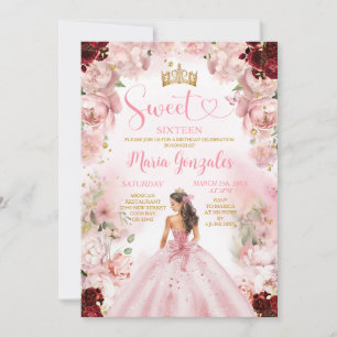 Invitation Sweet sixteen Rose Princesse Robe Bourgogne Floral