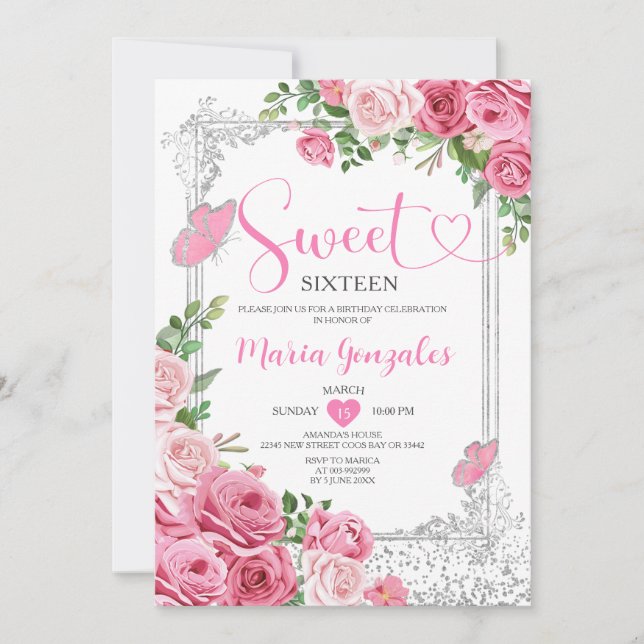 Invitation Sweet sixteen rose Silver 16ème Fille fête d'anniv (Devant)