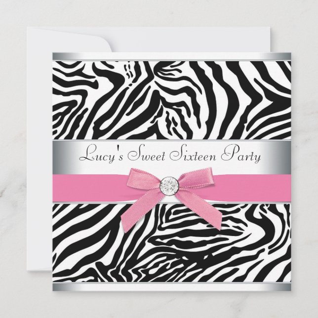 Invitation Sweet sixteen rose Zebra fête d'anniversaire (Devant)