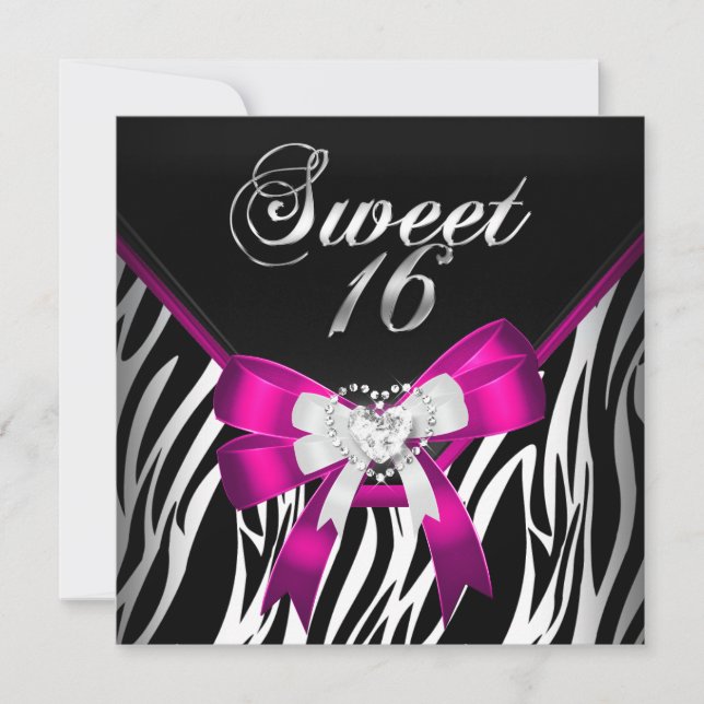 Invitation Sweet sixteen rose Zèbre 16 Anniversaire Noir Blan (Devant)