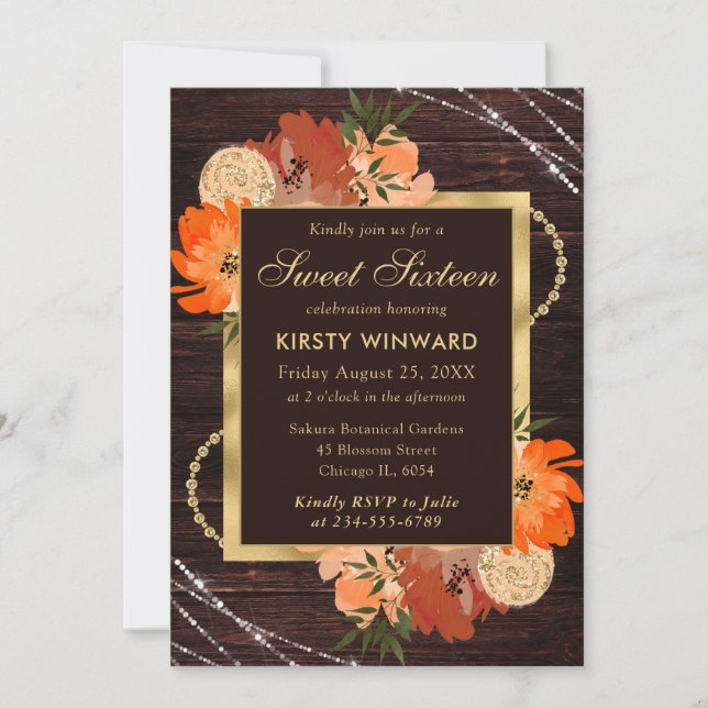 Invitation Sweet sixteen Rustique Burnt Orange Fall Flowers (Devant)