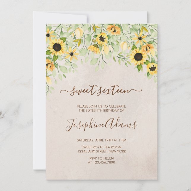 Invitation Sweet sixteen rustique d'aquarelle de tournesol ja (Devant)