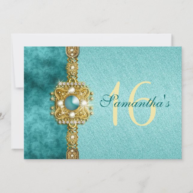 Invitation " sweet sixteen " sarcelle or 16 ans d'anniversair (Devant)