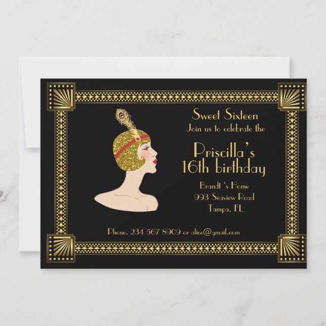 Invitation Sweet sixteen, style Gatsby, noir et or (Devant)