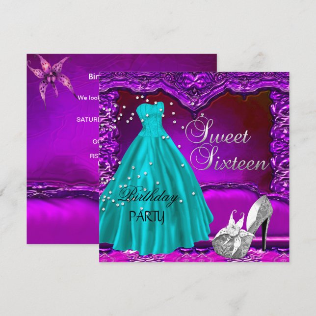 Invitation Sweet sixteen Sweet 16 Anniversaire Robe violette  (Devant / Derrière)