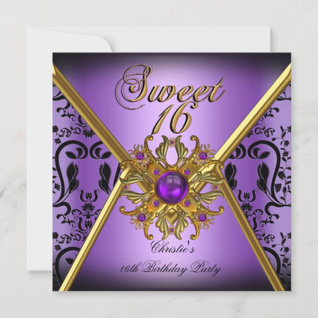 Invitation Sweet sixteen Sweet 16 Damask Purple Gold Black (Devant)
