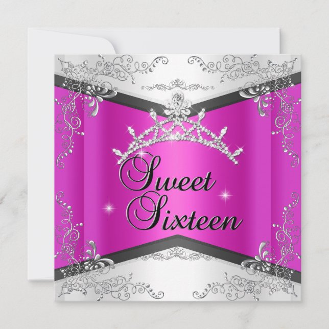 Invitation Sweet sixteen Sweet 16 Hot rose blanc noir Tiara (Devant)