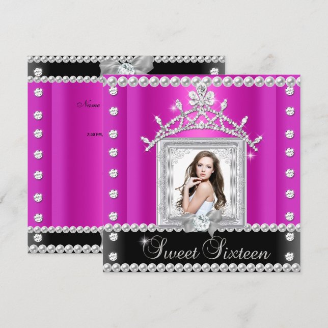 Invitation Sweet sixteen Sweet 16 Hot rose noir blanc (Devant / Derrière)