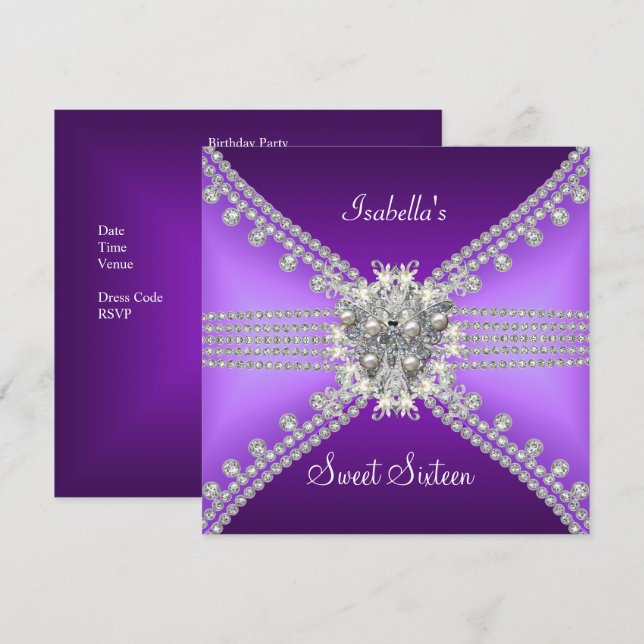 Invitation Sweet sixteen Sweet 16 Papillon Purple Argent 3 (Devant / Derrière)
