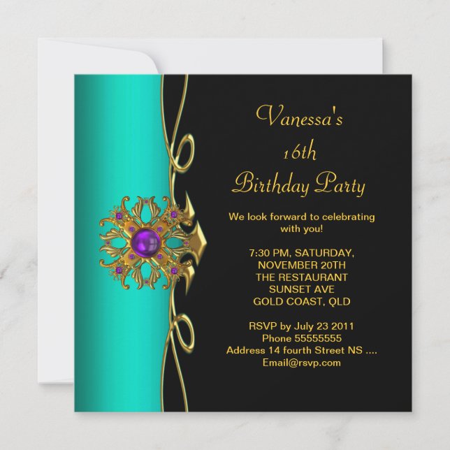 Invitation Sweet sixteen Sweet 16 Turquoise bleu violet or no (Devant)