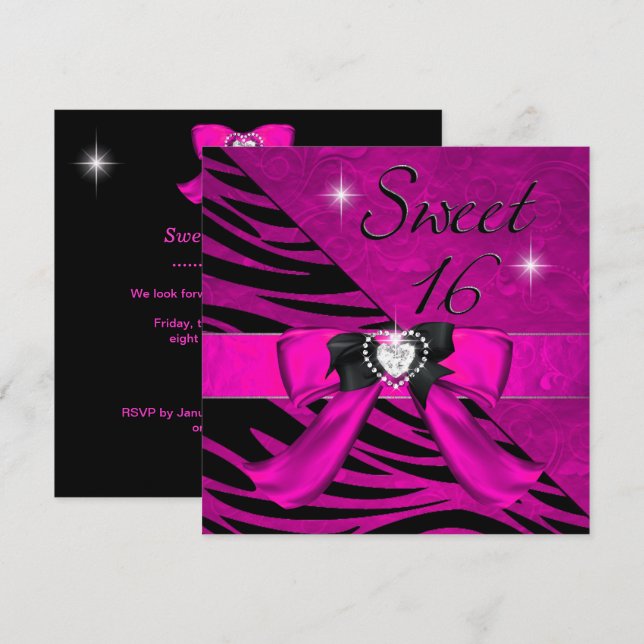 Invitation Sweet sixteen Sweet 16 Zebra Hot Rose Noir (Devant / Derrière)