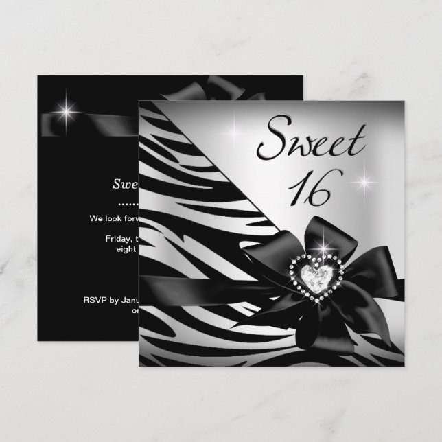 Invitation Sweet sixteen Sweet 16 Zebra Silver Black (Devant / Derrière)