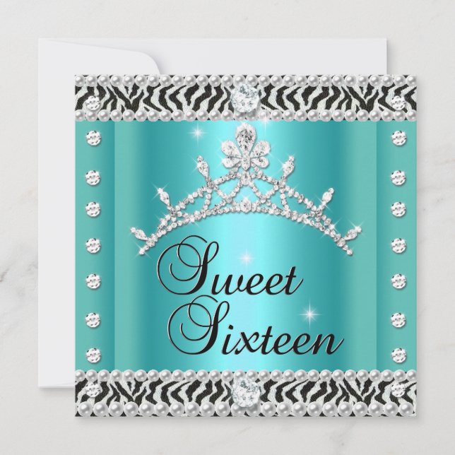 Invitation Sweet sixteen Sweet 16 Zebra Turquoise noir blanc (Devant)