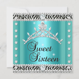 Invitation Sweet sixteen Sweet 16 Zebra Turquoise noir blanc