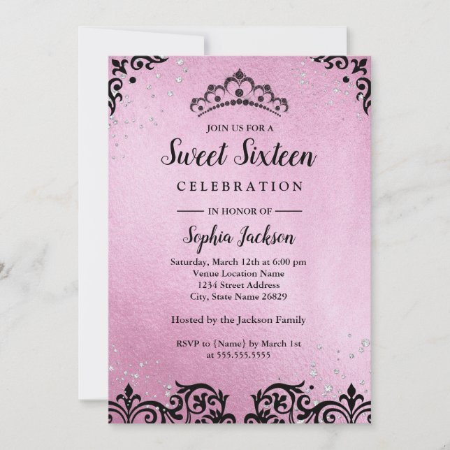 Invitation Sweet sixteen Tiara Damask rose Sparkle (Devant)