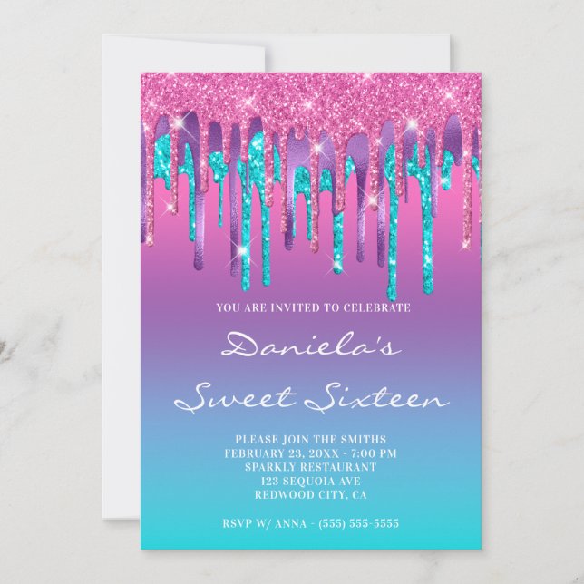 Invitation Sweet sixteen Turquoise à goutte rose violet Aqua (Devant)