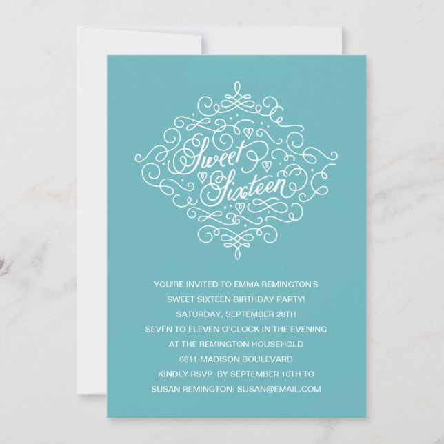 Invitation Sweet sixteen Turquoise Flourdissant fête d'annive (Devant)