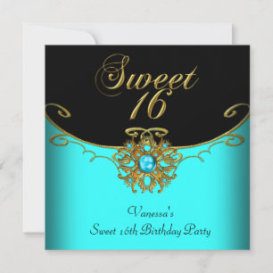 Invitation Sweet sixteen Turquoise Gold Black Sweet 16