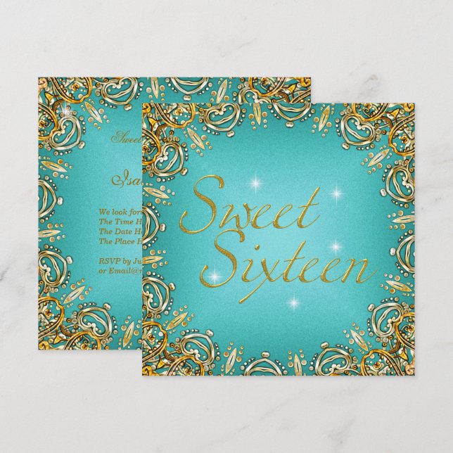 Invitation Sweet sixteen Turquoise or Sweet 16 Image (Devant / Derrière)