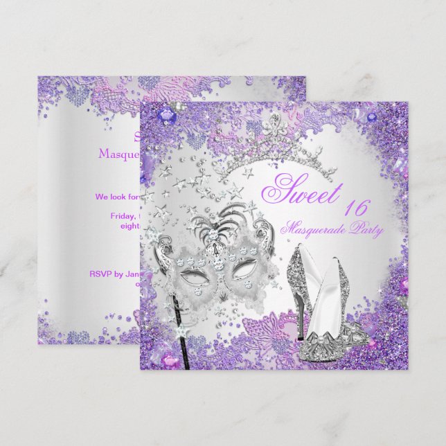Invitation Sweet sixteen violet 16 Masquerade Party Tiara (Devant / Derrière)