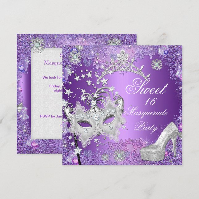 Invitation Sweet sixteen violet 16 Masquerade Tiara Chaussure (Devant / Derrière)
