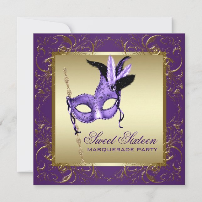 Invitation Sweet sixteen violet et or masquerade (Devant)