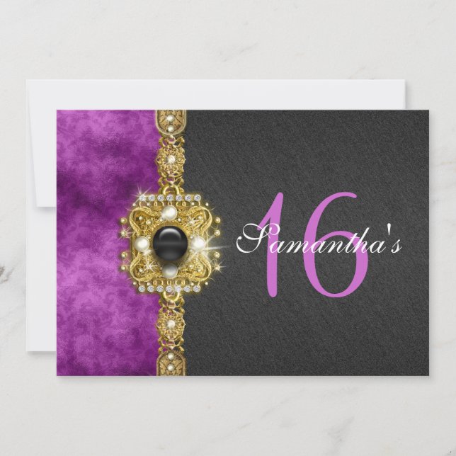 Invitation "sweet sixteen" violet noir 16 ans (Devant)