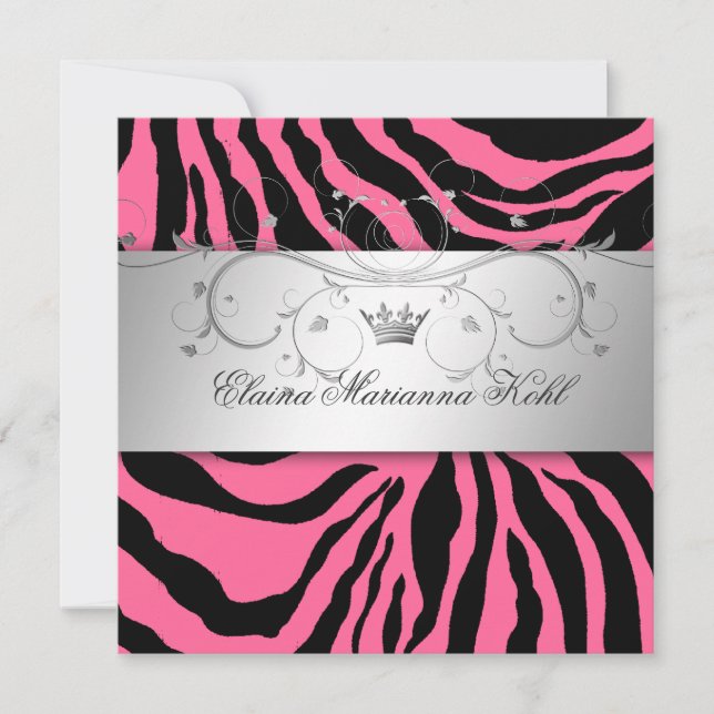 Invitation Sweet sixteen Zèbre Rose Divin 311-Argent (Devant)