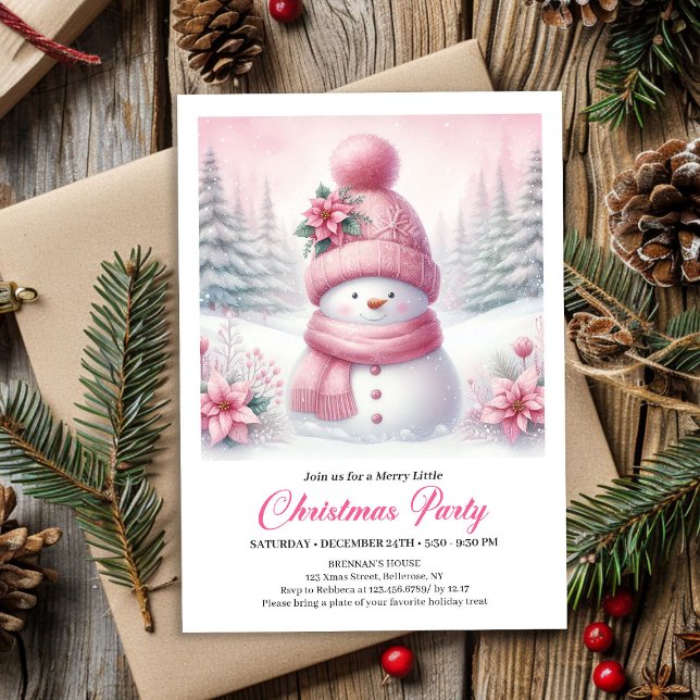 Invitation Sweet Snowy Forest Pink Snowman Editable Christmas (Sweet Snowy Forest Pink Snowman Editable Christmas Invite)