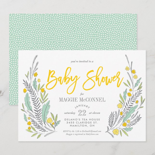 Invitation Sweet Sprigs Baby shower neutre pour les femmes (Devant / Derrière)