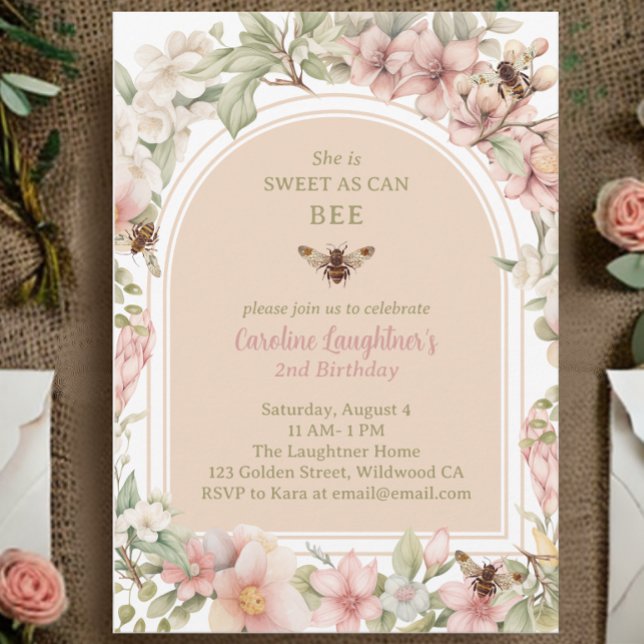 Invitation Sweet Spring Bee Fleur sauvage Deuxième anniversai (Créateur téléchargé)