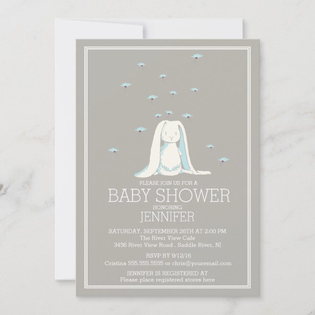 Invitation Sweet Spring Blue Boys Bunny Baby shower (Devant)