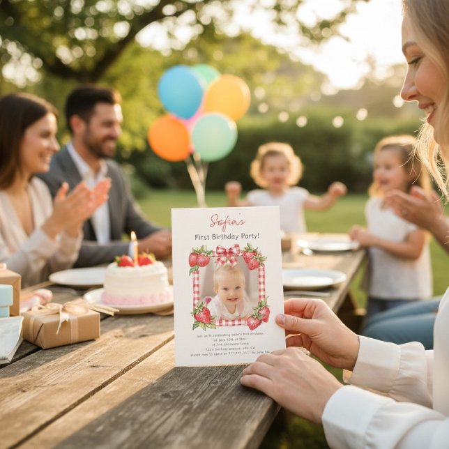 Invitation Sweet Strawberry Photo Card First Birthday (Créateur téléchargé)
