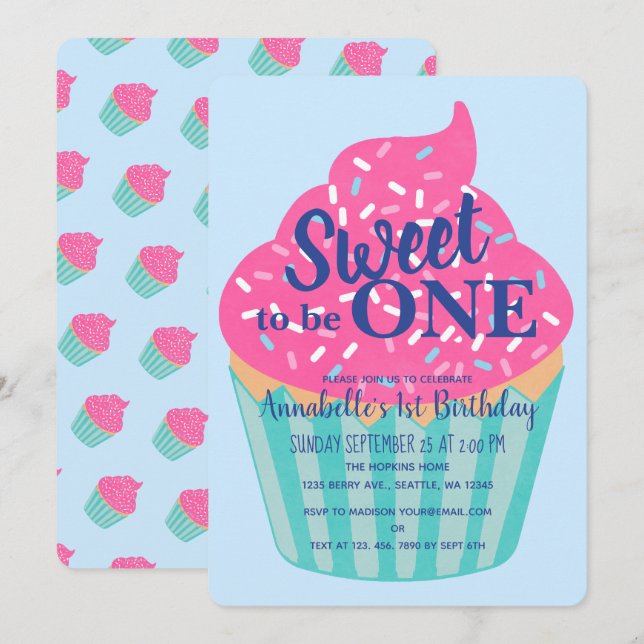Invitation Sweet to be One Cupcake Kids First Birthday (Devant / Derrière)