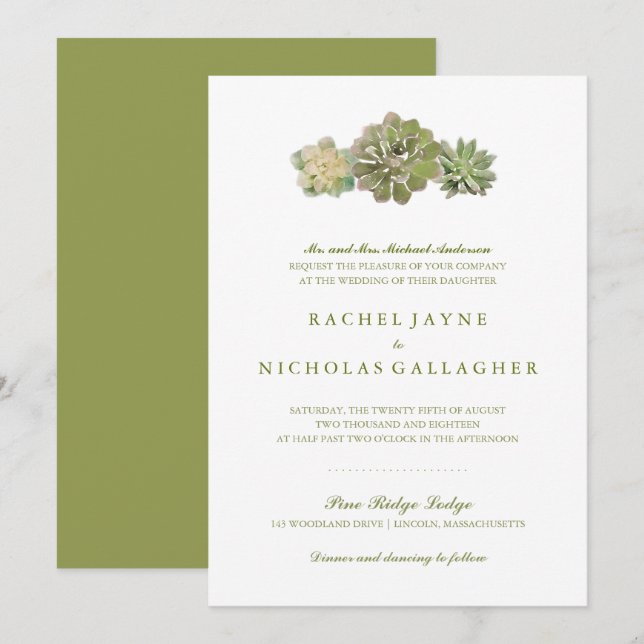 Invitation Sweet Trio Succulents Sage Green | Mariage (Devant / Derrière)