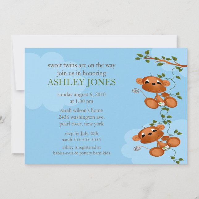 Invitation Sweet Twins Baby Monkey Baby shower (Devant)