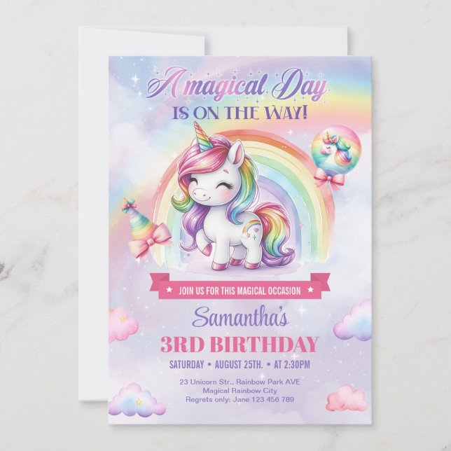 Invitation Sweet Unicorn Aquarelle rose Enfants troisième ann (Devant)