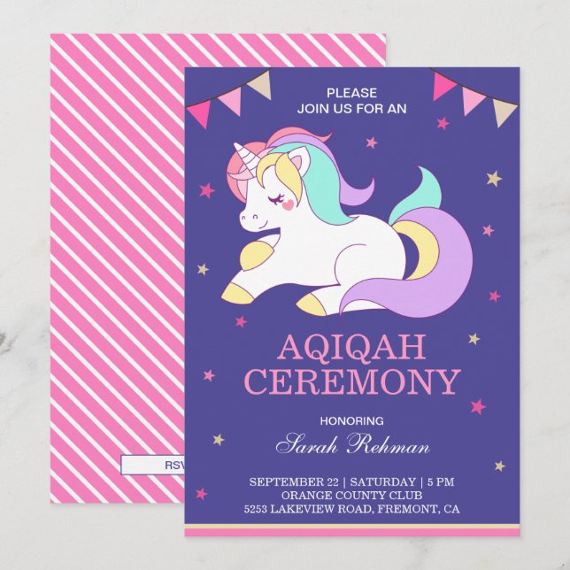Invitation Sweet Unicorn bébé fille Aqiqah (Devant / Derrière)