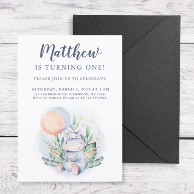 Invitation Sweet Watercolor Hippo fête d'anniversaire (Créateur téléchargé)
