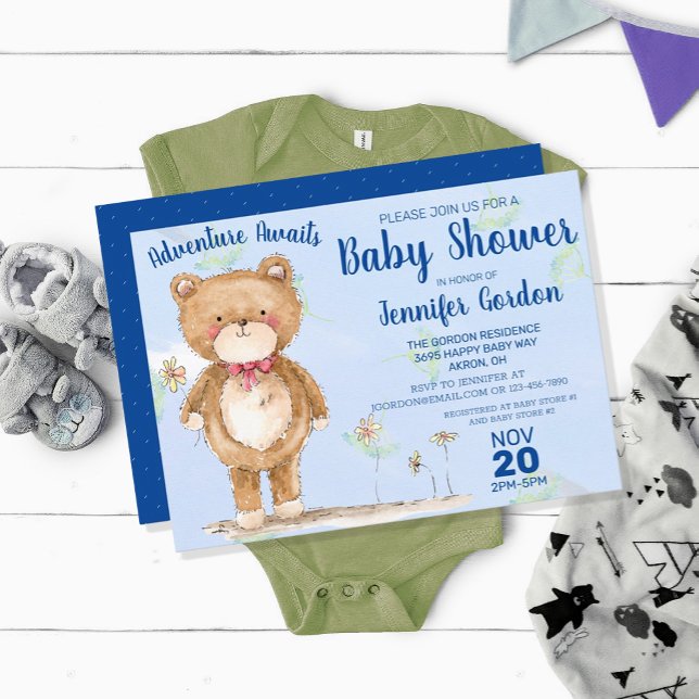 Invitation Sweet Woodland Bear Blue Boy Baby shower (Créateur téléchargé)