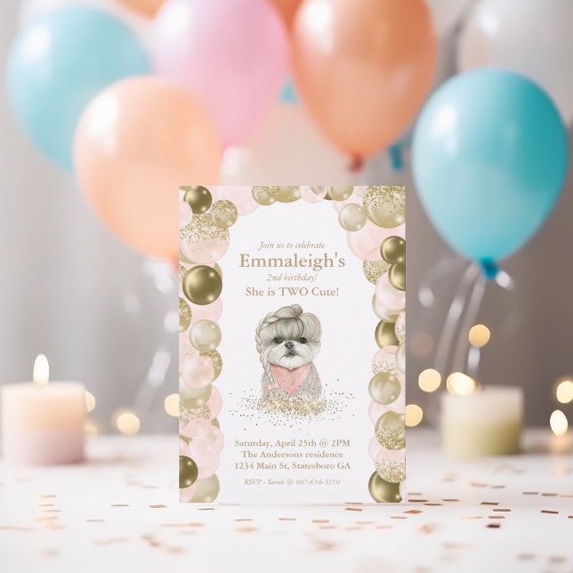Invitation Sweet Yorkie Deux mignons Ballons d'or Rose Annive (Créateur téléchargé)