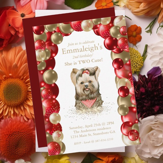 Invitation Sweet Yorkie Deux mignons Ballons Rouge Or Anniver (Créateur téléchargé)
