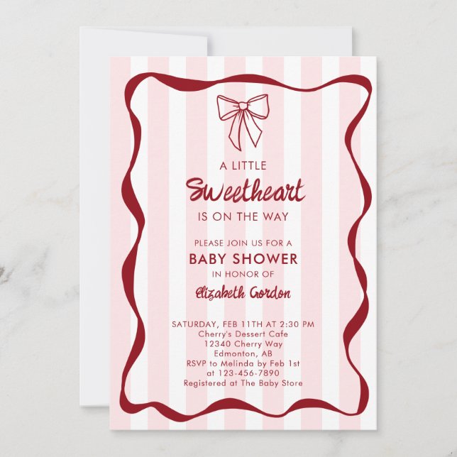 Invitation Sweetheart Baby Shower Pink Bow Stripes Coquette (Devant)