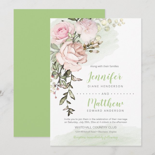 Invitation Sweetheart Blush Floral Drop sur Mariage vert (Devant / Derrière)