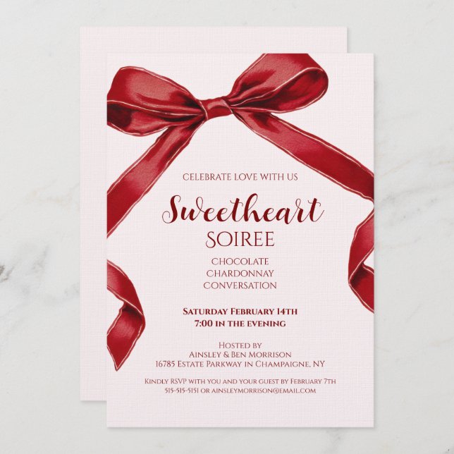 Invitation Sweetheart Soiree Elegant Bow Valentines Day Party (Devant / Derrière)