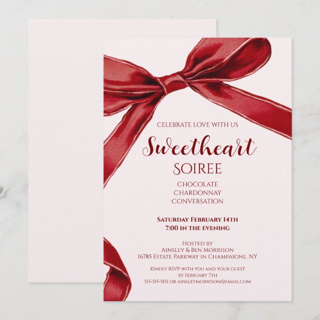Invitation Sweetheart Soiree Elegant Bow Valentines Day Party (Devant / Derrière)