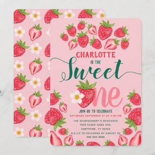 Invitation Swete One mignonne fraise rose 1er fête d'annivers